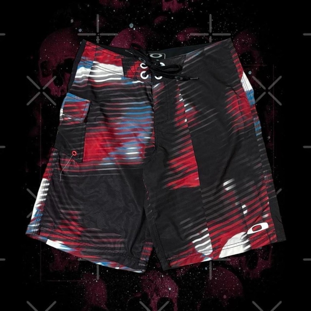 Oakley Y2K Board Shorts Mens Red Black Surf Swim Trunks size 30